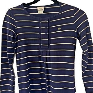 VTG Lacoste Womens Polo Dress Preppy Blue Stripe Sz 38 EU Nautical Academia Prep